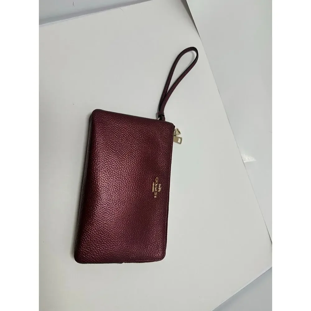 Coach F87587 Double Zip Wristlet Metallic Wine Burgundy Pebbled Leather Gold